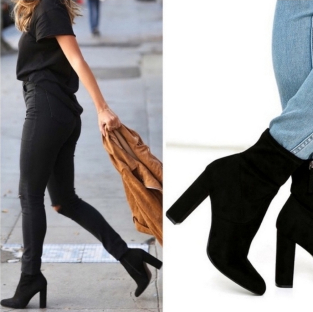 Women's black booties Faux Suede Black Almond Toe Heeled booties Size 7.5